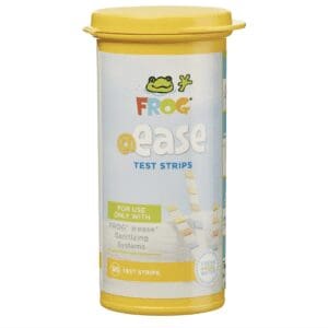 A container of FROG @ease Test Strips for Hot Tubs for use only with FROG @ease In-Line and Floating Sanitizing Systems for Spas up to 600 gallons, Measures low levels of Chlorine, Quick and Easy Test Strips on a white background.